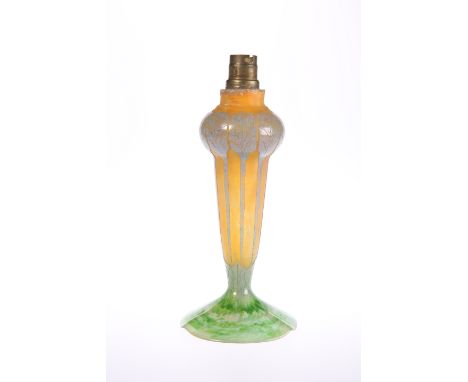 A SCHNEIDER CANDY CANE FRENCH ART GLASS TABLE LAMP, the streaked green foot and tapering bulbous stem with cameo tapering lea