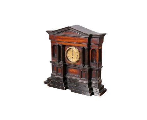 A 19TH CENTURY TEMPLE-FORM MANTEL CLOCK, the engine turned gilt-metal dial with Roman numerals, single-train Marti movement, 