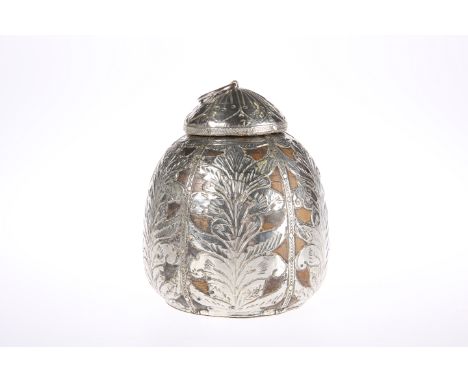 AN UNUSUAL SILVER (UNTESTED) OVERLAID WOODEN CADDY, nut-shaped with domed cover, 19th Century. 13cm