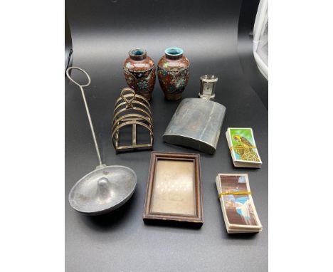 A Lot of odds to include Cloisonné vases [As Found] Cigarette cards, Toast rack, Hip flask etc 