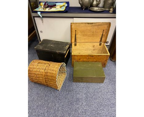 Antique pine tool trunk, One other, Metal storage box and wicker pet carrier. 