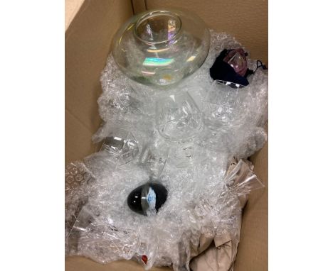 A Box containing a selection of crystal port and whisky glasses, Caithness paperweight and one other. 