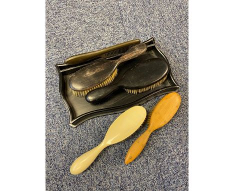 Antique Ebony dressing table tray, brushes, Horn comb and two other brushes 