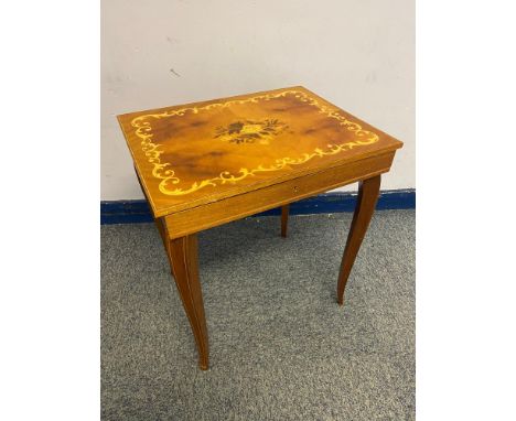 A Vintage Marquetry lift top side table. Musical. 