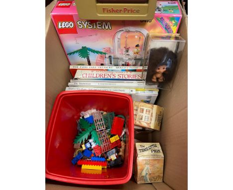 A Box of vintage toys to include lego, troll, fisher price cassette player and story books. 