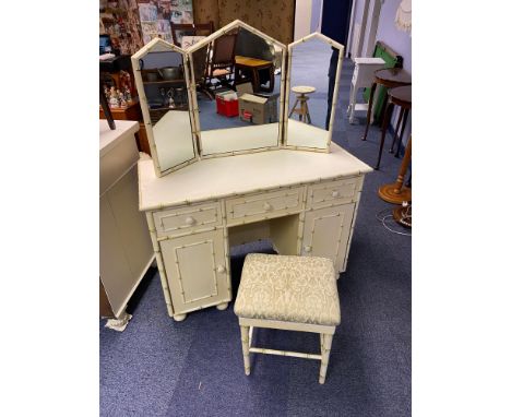 A Vintage hand painted dressing table with matching three way mirror and matching stool. Painted to a high standard. 