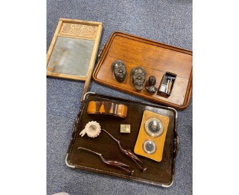 Two antique trays, Art deco wooden bookends, Vintage wash board, Three African busts and wall barometer etc. 