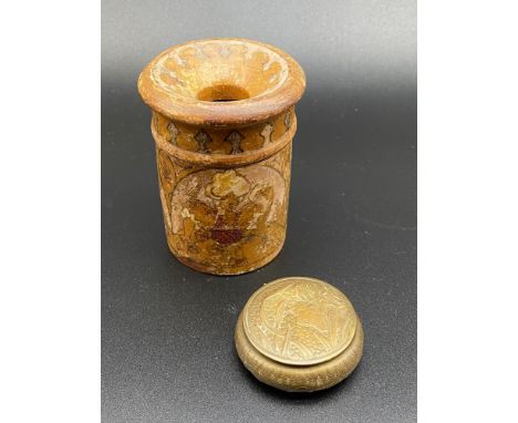 An Art Nouveau ladies mirror snuff box together with a treen ware arts and crafts dressing table preserve pot. 