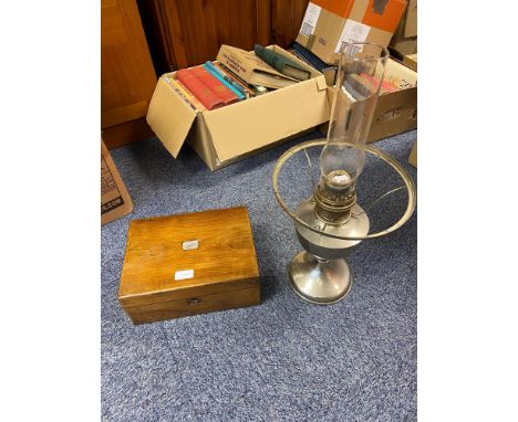 Antique mahogany document box and a paraffin desk lamp 