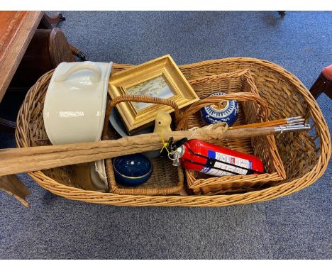 A Vintage wicker weaved baby basket, Four piece cane fly rod and bag, Chinese cherry blossom preserve pot, Two flower baskets