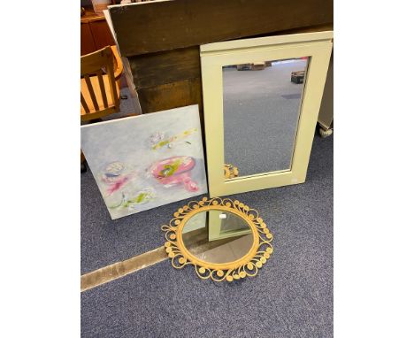 Vintage wicker framed mirror, Contemporary framed mirror and a contemporary hand painted canvas. 