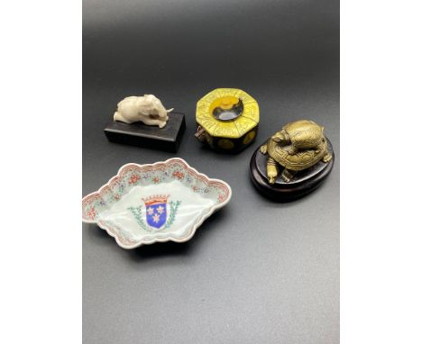 A Vintage Bone and wood Opium pipe box, Late 19th century ivory carved elephant figure, Resin oriental gilt painted tortoise 