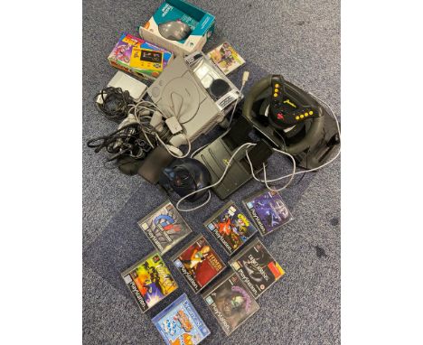 A Selection of various console items which includes a Playstation one with controller and games. Grandstand Flyer BMX Game. 