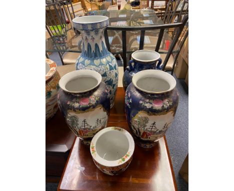 Five various oriental vases and small planter. 