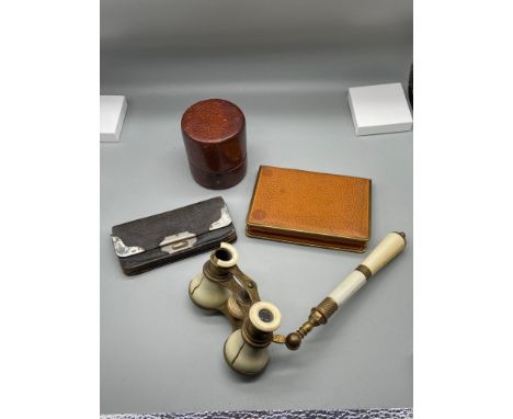 A lot of collectables which includes ivory handle opera glasses [need attention], Silver mounted purse, Pig skin cigarette ca