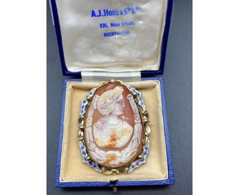 A Lovely example of a large yellow metal and enamel, cameo carved brooch. 