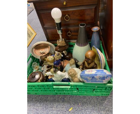 A Crate containing various collectables. Includes oriental figures, contemporary pebble table lamp etc 