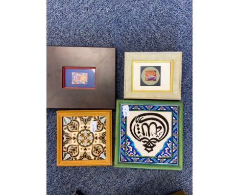 Antique framed Arabic tile, The Campbell Tile Co framed ornate tile and two framed window card prints by Henry Butler 