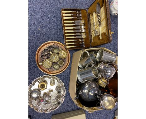 A Quantity of various silver plate, E.P and copper wares which include knife and fork boxed canteen, various ornate tea pots 