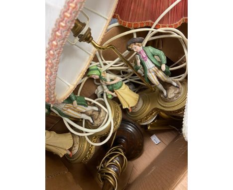 A Box of figurine table lamps, Also includes brass table lamp. 