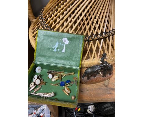 A Vintage trinket box, cuff links and carved elephant figure 