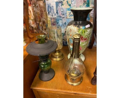 Glass and metal decanter, Oil lamp, Candle holder and Victorian hand painted vase. 
