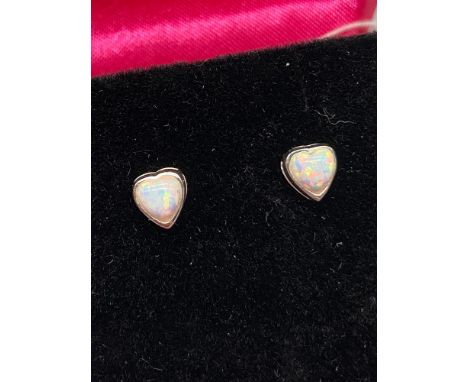 A Pair of opal stud earrings on silver posts. 