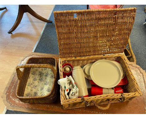 A Vintage wicker picnic basket and contents together with a flower basket. 