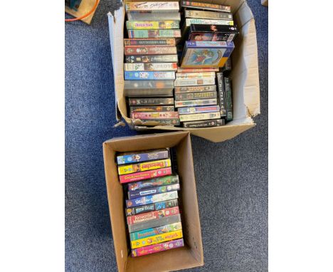 Two boxes of vintage vhs vidoes to include various Disney videos, Aliens 3, Jurassic Park, Black Beauty, Jumanji and Beauty a