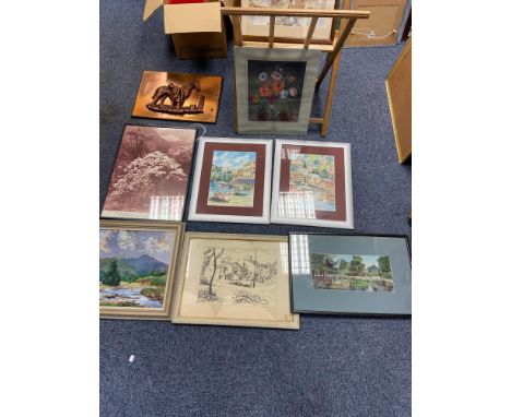 A Selection of various artworks to include Japanese temple tapestry, Two Artworks by Alastair D Cairncross. 