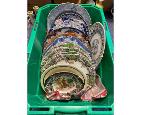 A Box of various antique wall and cabinet plates to include makes Adams &amp; Copeland Spode 
