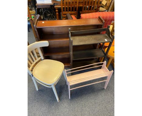 A Hardwood bookcase, a vintage three tier dark wood bookcase, vintage show rack and Bentwood painted cafe chair. 