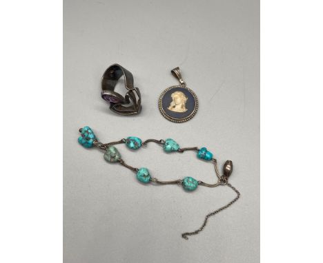 A Unique silver and turquoise bracelet, Birmingham silver and Amethyst stone ring. Together with a silver and Wedgwood pendan