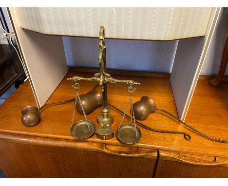 Antique style brass weighing scales with weights [Missing two] together with three various copper measures ladles for Whisky,