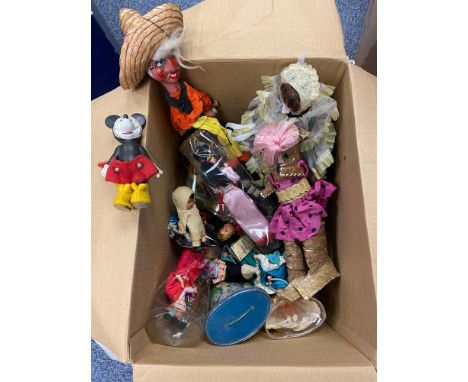 A Box containing a selection of world dolls, Mexican Pelham Puppet and vintage Mickey Mouse figure [Walt Disney Product] 
