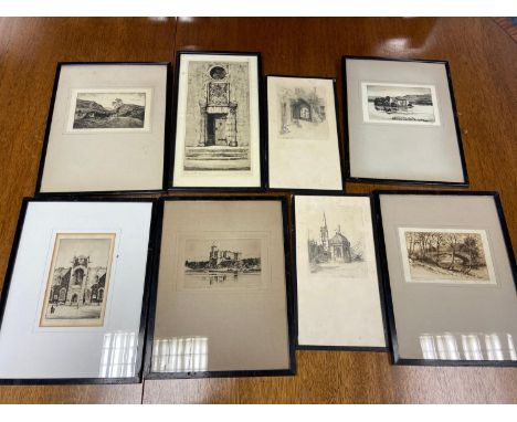 A Lot of 8 original etchings to include artists A. Simes &amp; C Dickens. Art Titles include 'Scottish National war memorial 