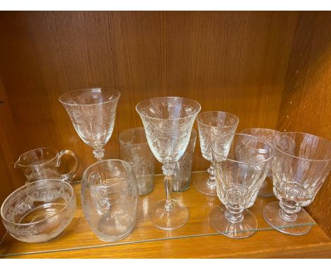 A Selection of engraved vintage and antique glasses to include Two large rummers and engraved Gea engraved wine glass. 