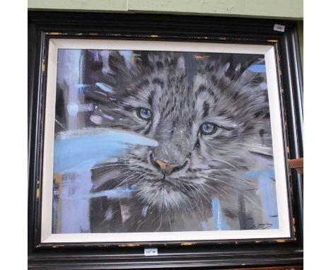 Lyndsey Selley oil on canvas, portrait study of a Cat, signed in black distressed effect frame