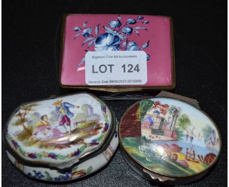 A 19th century enamel box, pink ground with floral decoration, 7cm, together with two other enamel boxes