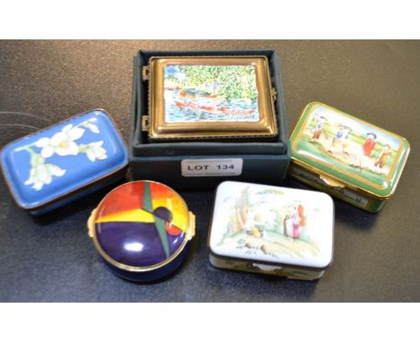 An enamel box, decorated with an impressionist river scape, signed "Vincent", together with four other enamel boxes