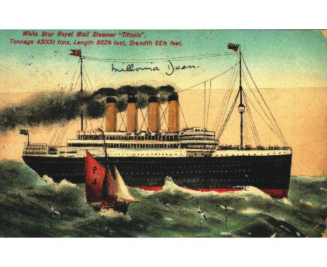 Titanic survivor Millvina Dean signed rare limited edition White Star Titanic colour postcard produced by Rembrandt,.  Good c
