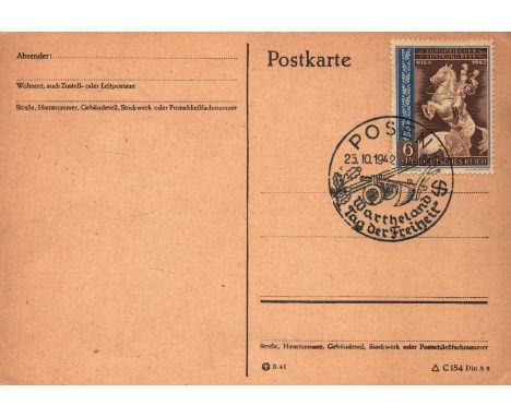 1942 German Deutsches Reich postcard with 6pf stamp with 25/10/1942 Tag Der Freheir special postmark.  Good condition. All au
