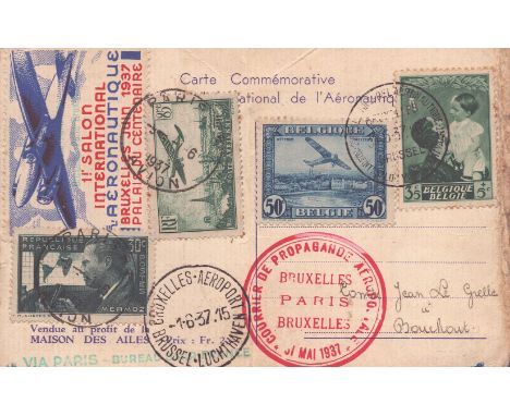 1937 rare Belgian International Air Show postcard, with  4 stamps, show label and various cachets and postmarks. Has fold in 