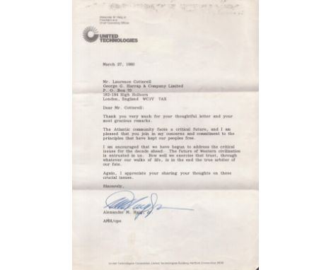US General Alexander Haig signed typed letter 1980 on United Technologies letterhead, good content relating to the future of 