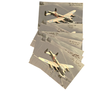 WW2 8 RAF bomber veterans signed 12 x 8 inch colour Lancaster Bomber in flight photo. Autographs include RAF veterans Jim Wri