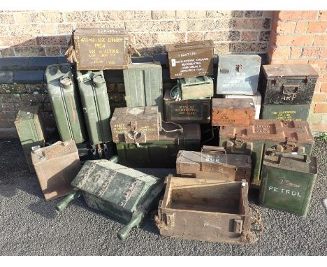 A COLLECTION OF MILITARY AMMUNITION BOXES cannonball carrier, 1940s petrol can, ARP box etc
