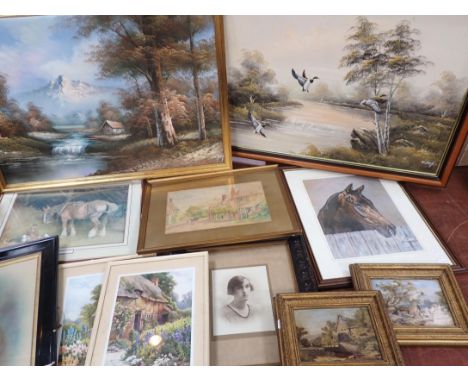 A COLLECTION OF PICTURES AND PRINTS and framed portrait photographs. including a print by M. Tacon; 'Born to run' 23/500 (sig