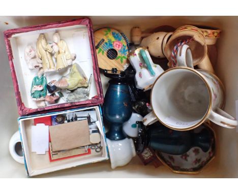 A COLLECTION OF DOLL'S HOUSE AND MINIATURE ITEMS including Coalport and Derby, glass, bronze tools, woodware etc