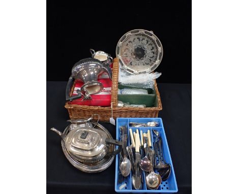 A TRUG OF SILVER PLATED CUTLERY to include a silver plated tea serve. a breakfast dish a tray