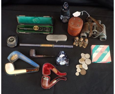 A CAITHNESS DESK CLOCK, A CASED PIPE WITH METAL MOUNTS a decanting funnel, instruments and other items